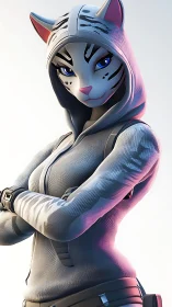 3D feline heroine in tactical hoodie with cinematic rim light.