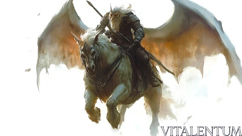 Winged warhorse ridden by armored elder warrior in flight