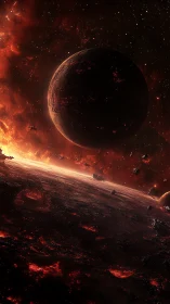 Molten eclipse above a doomed ember world in deep space.