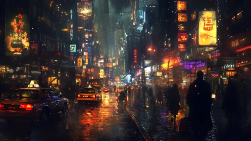 Cyberpunk rain-soaked neon avenue with dense urban silhouettes.