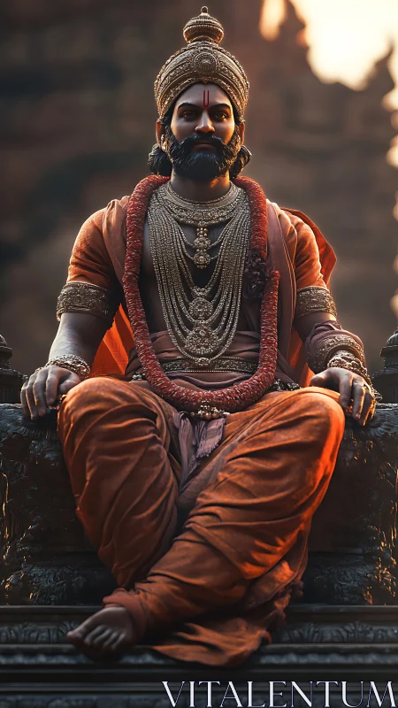 Regal sage on a sunlit throne draped in sacred opulence.