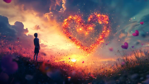 Solitary Figure Observes Luminous Heart Formation in Landscape