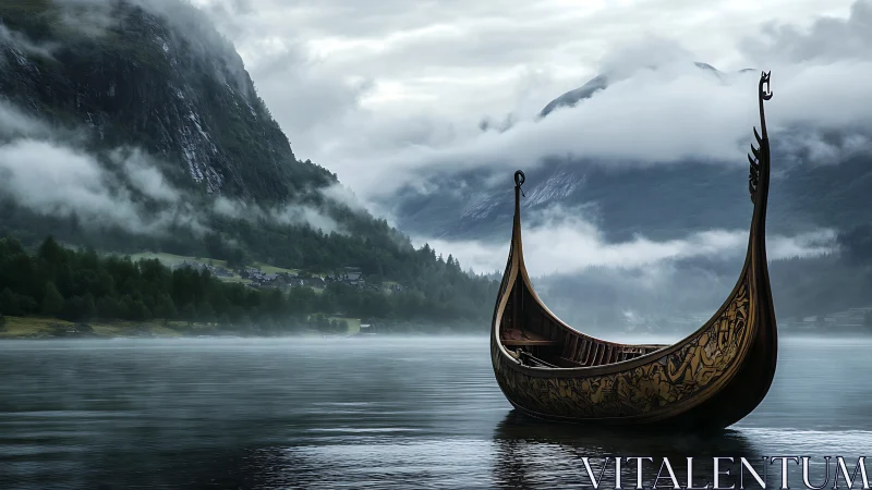 Viking longship drifts across misted Nordic fjord waters.