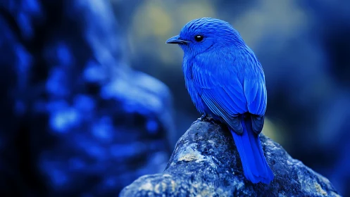 Vivid Blue Songbird on Rocky Perch, Dreamlike Nature Photography.