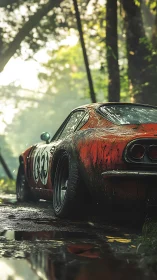 Weathered racing coupe in misted forest environment.