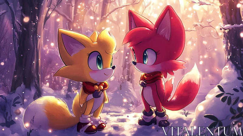Winter fox friends sharing a quiet, glowing forest moment.
