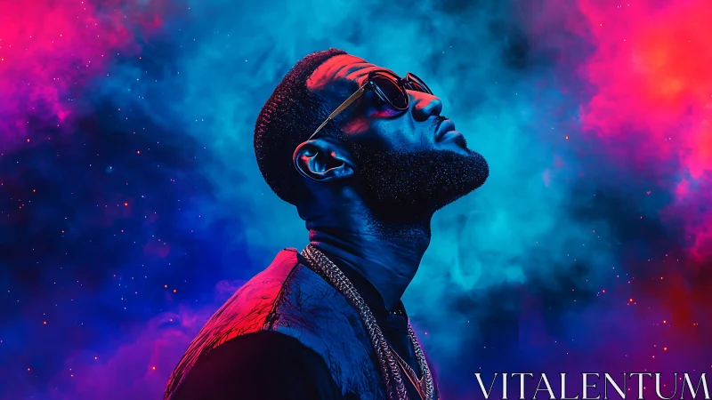 Neon-lit portrait of stylish man against cosmic vapor glow.