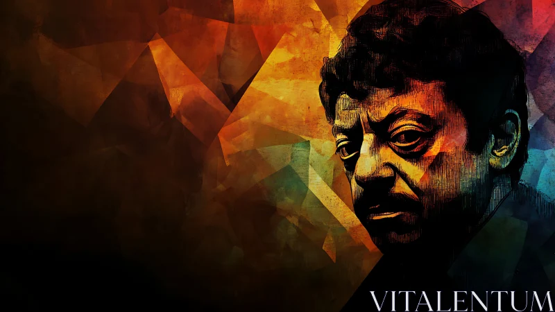 Moody portrait glowing within fractured sunset color fields.