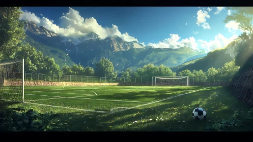 Sunlit mountain soccer field waiting for the next kickoff.