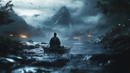 Samurai sits in small boat on misty river at night