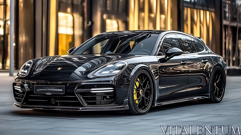 Black performance sedan is parked in modern urban plaza