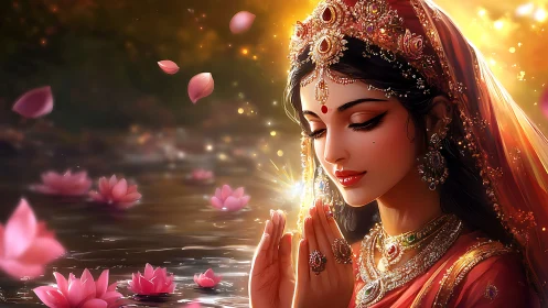 Radiant goddess in prayer amid glowing lotus-filled waters.