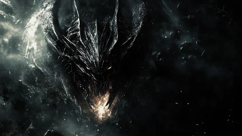 Shadow dragon emerges from abyssal smoke in searing flame