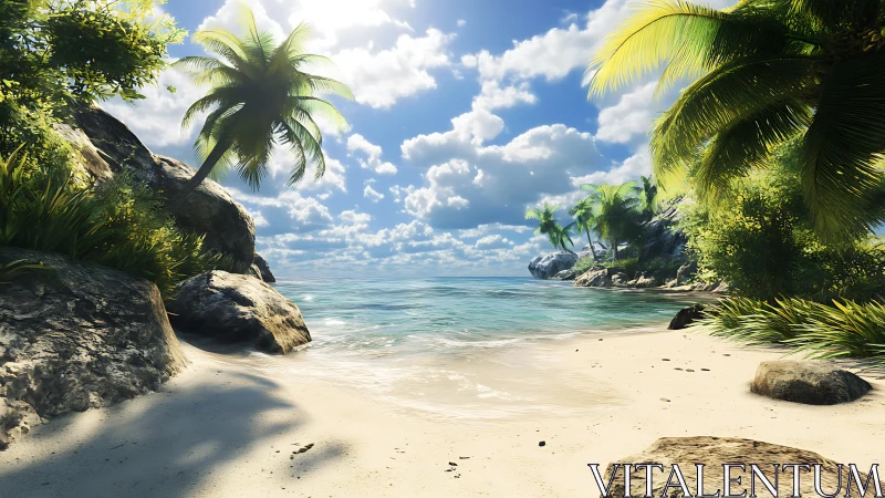 Tropical Paradise Beach with Palm Framed Lagoon.