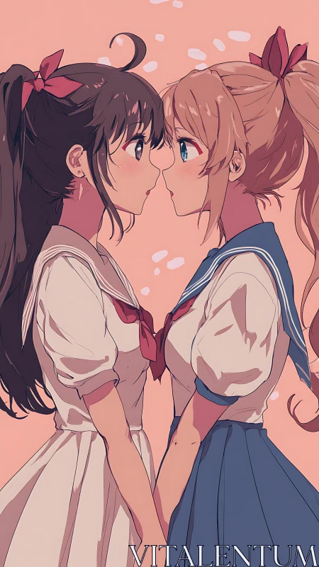 Two schoolgirls standing face to face in anime style illustration.