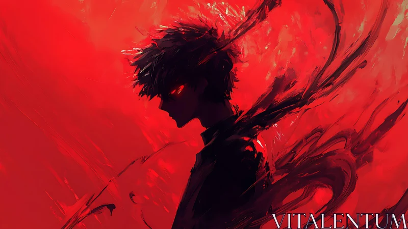 Shadowed ember heart in a storm of vivid crimson light.