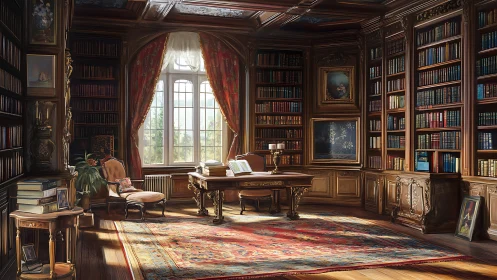 Sunlit classical library surrounds ornate wooden writing desk