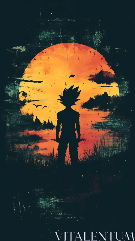 Silhouetted warrior before grunge sunset over still water.