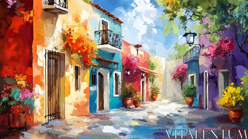 Colorful sunlit village street bursting with flowers and joy.