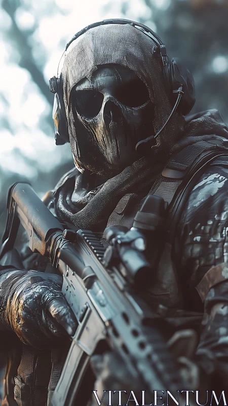 Ghost-clad marksman waits in mist, skull mask unblinking.