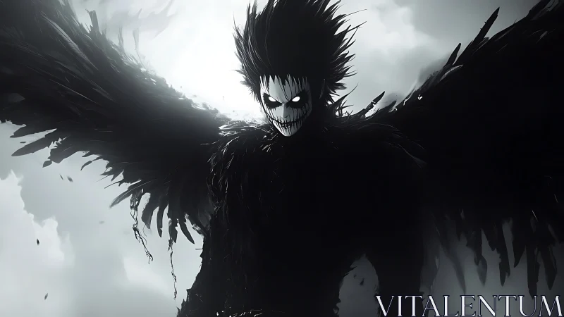 Winged humanoid silhouette with skeletal face in grayscale sky.