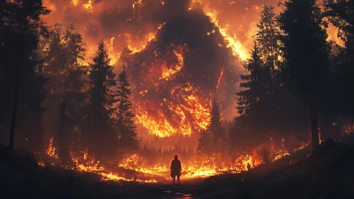 Lone Figure Stands Against Massive Forest Inferno.