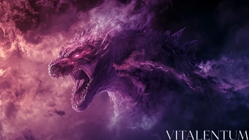 Plasma-wreathed kaiju roar in violet atmospheric turbulence.