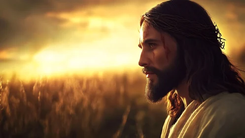Side-lit bearded man in crown of thorns against defocused sunset field
