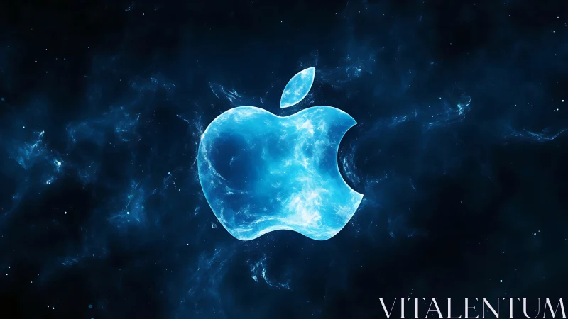Glowing blue apple logo floating in a dreamy cosmic sky.