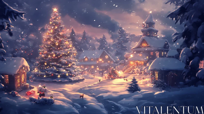 Illuminated alpine village under snowfall with festive luminance.