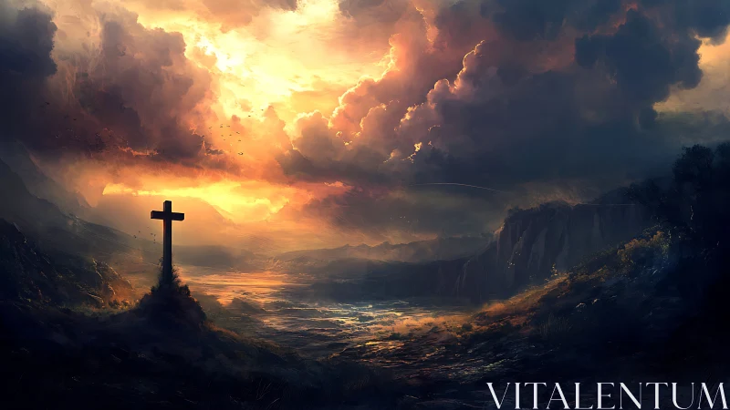 Lone hilltop cross under blazing apocalyptic sunset sky.