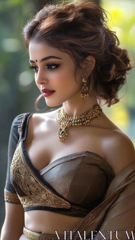 Portrait of woman in ornate saree and gold jewelry profile.
