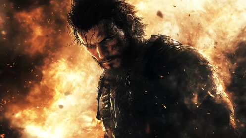 Bearded combat figure in tactical gear amid burning blast.