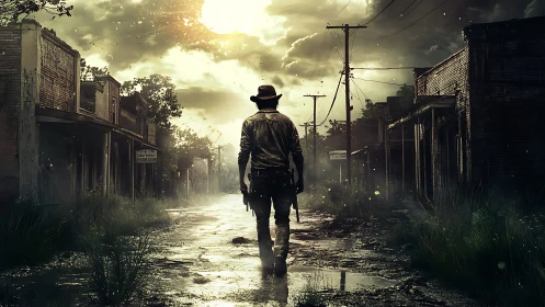 Lone gunslinger traverses flooded, decayed main street at dusk