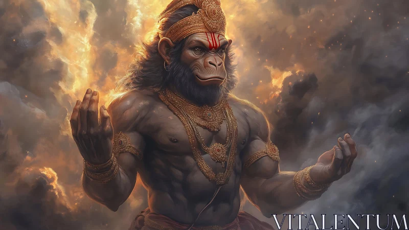 Stormforged monkey deity rising in blazing celestial clouds.