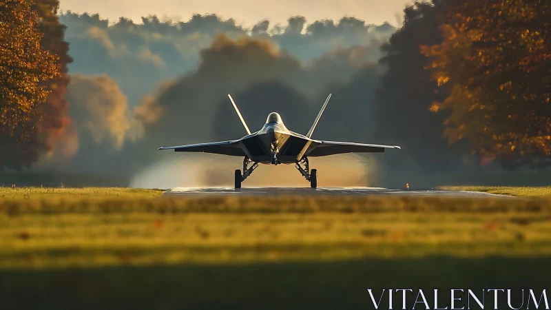 Stealth fighter jet waits on runway amid soft autumn haze