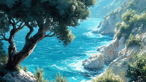 Sunlit rocky cove with turquoise sea under coastal tree shade