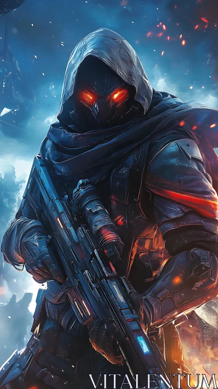 Hooded eclipse sniper stalks ruins through neon battle frost