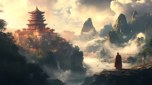 Monk overlooking misty pagoda citadel in luminous river valley