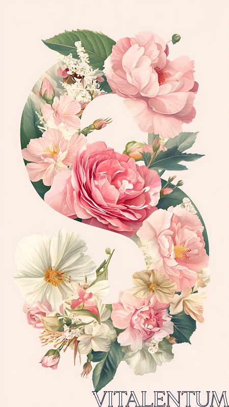 Pink and White Peonies with Foliage Arranged in Curved Composition