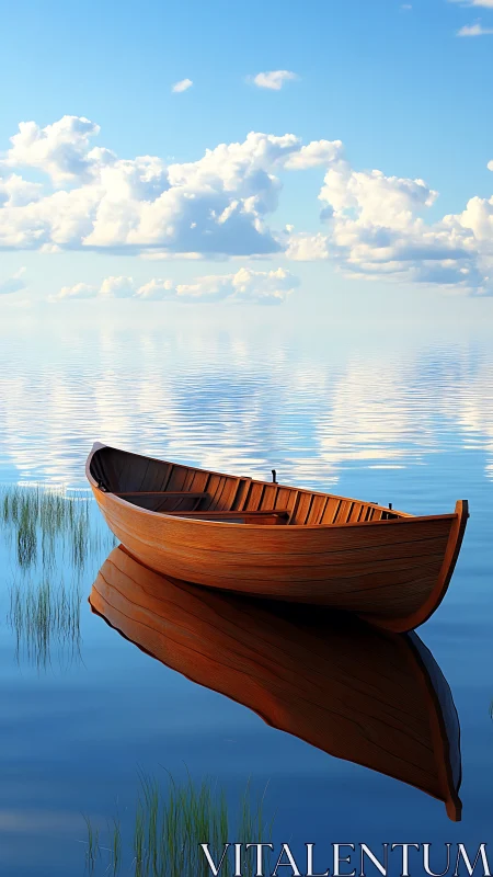 Wooden rowboat rests on mirrored lake under soft clouds.