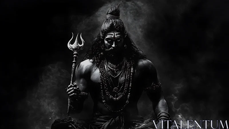 Dark monochrome Shiva figure with trident and smoke shrouds.