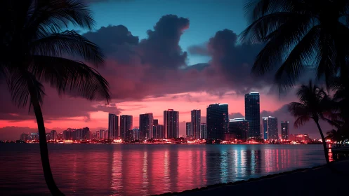 Neon-lit tropical city skyline glows against twilight clouds.