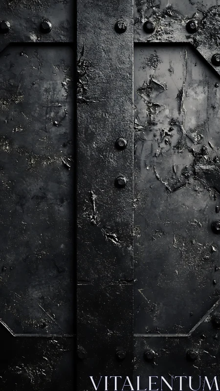Weathered black metal door shows industrial grit and depth.