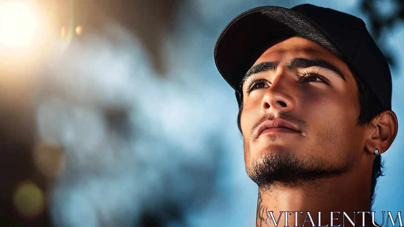 Young man in side-lit close-up portrait wearing dark cap