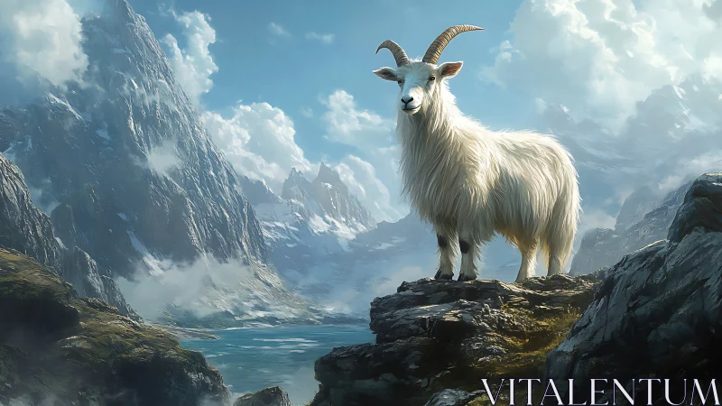 Mountain goat rendered with high-detail fur shading in alpine scene