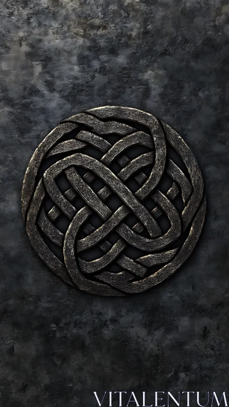 Interwoven metallic knot emblem on textured stone surface.