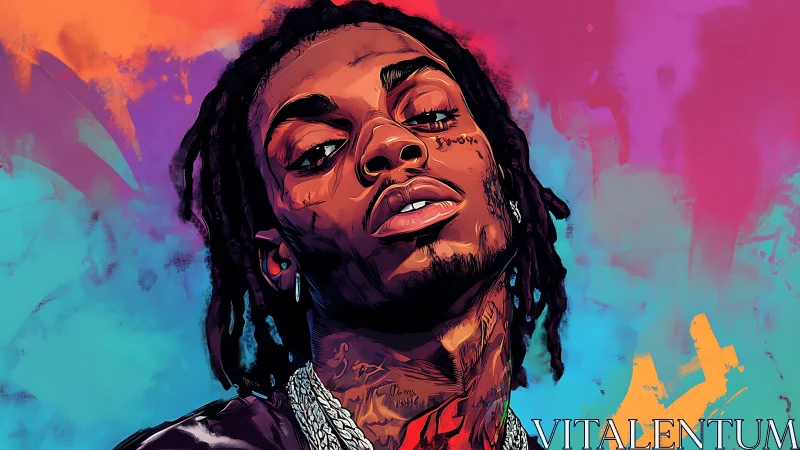 Stylized rapper portrait uses bold vector shading and neon gradients