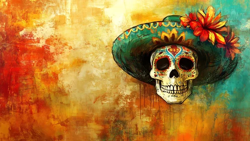 Sugar skull with floral sombrero on textured warm-toned field