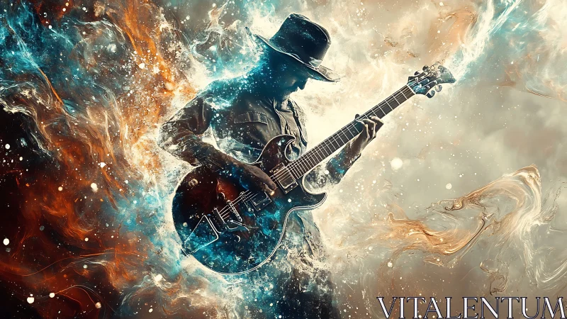 Electric guitarist silhouette immersed in dynamic nebular energy